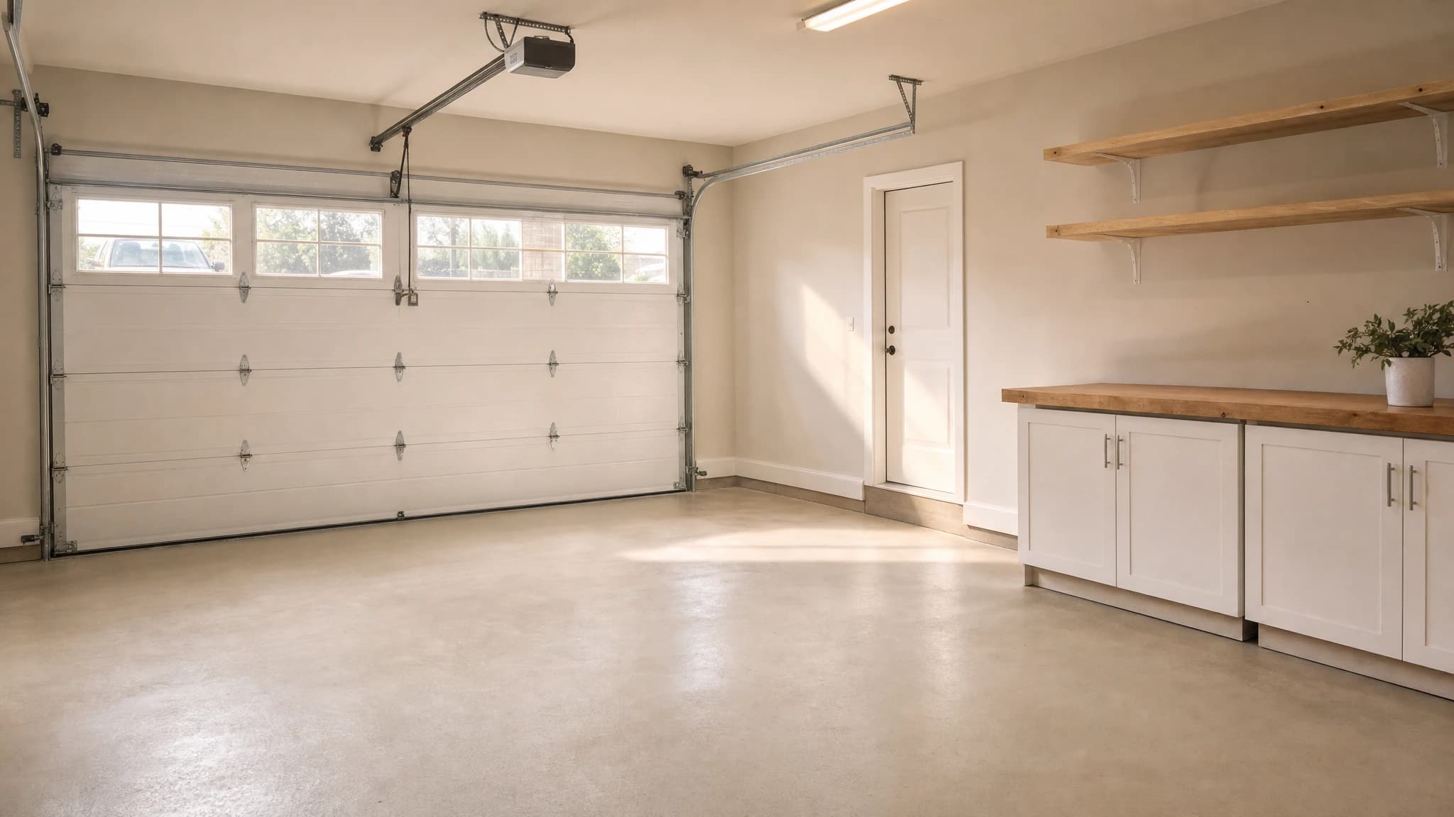Tidy two-car garage with white sectional door, shelving and epoxy floor in a Sacramento garage remodel