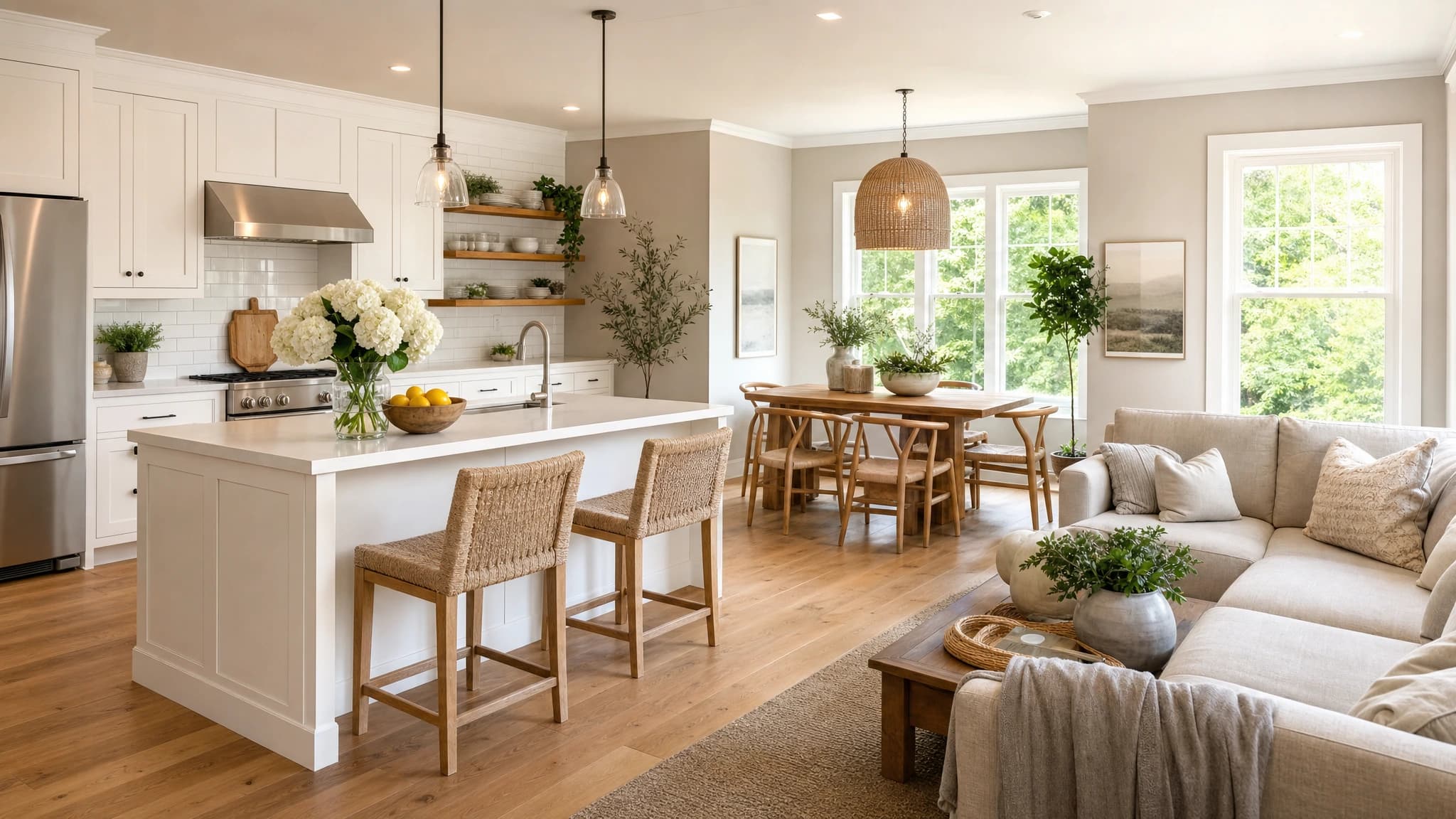 Open kitchen, dining and living area with a quartz island in a Sacramento County home remodel