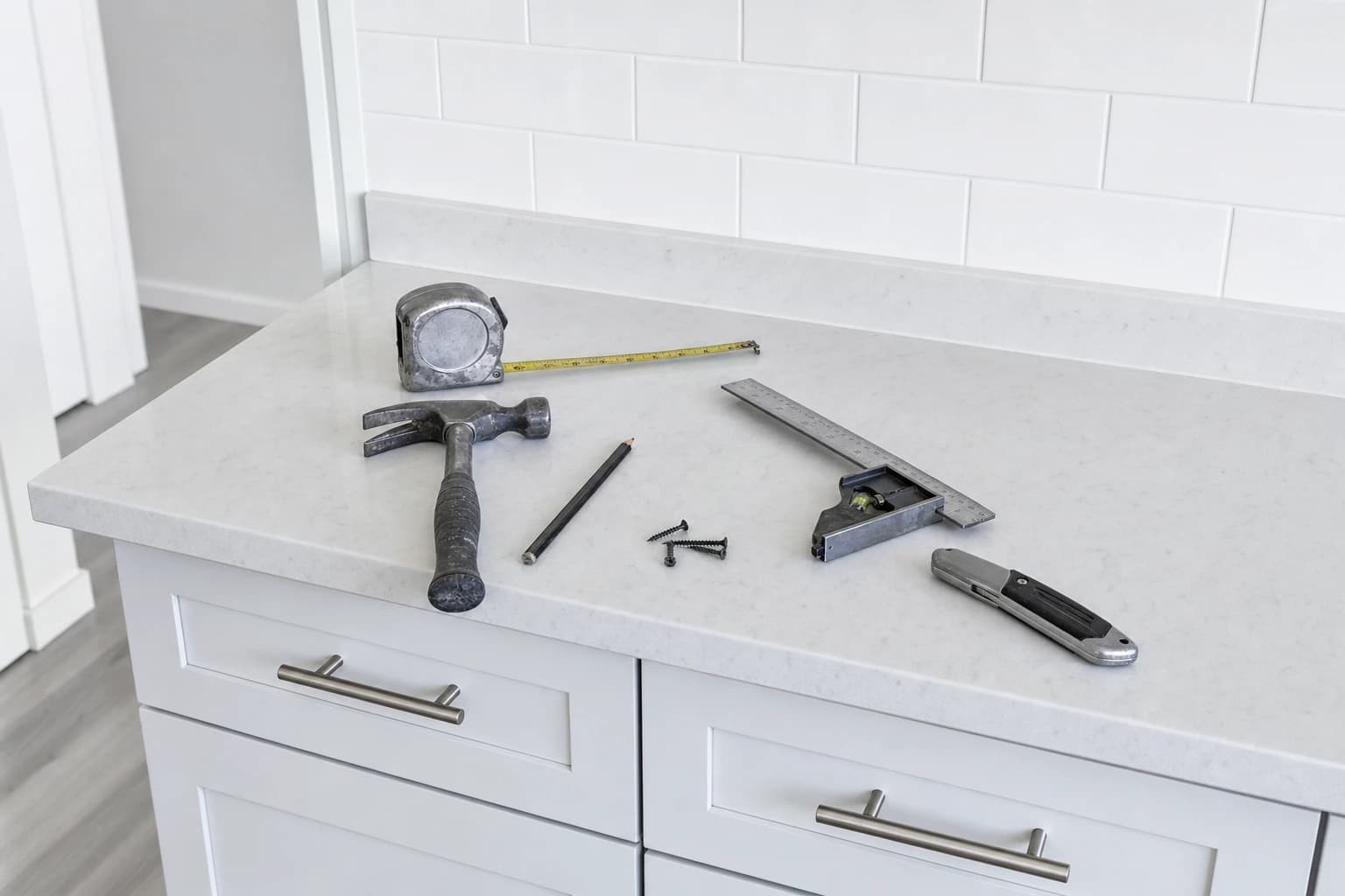 Builder-grade hand tools on a quartz offcut by white shaker cabinets in a Sacramento remodel