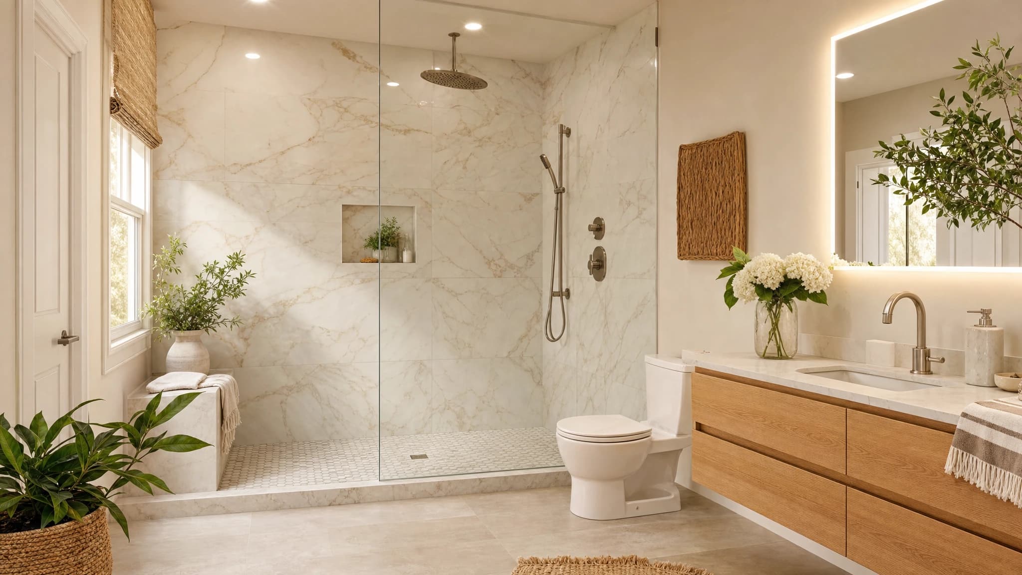Custom marble walk-in shower with frameless glass and a floating vanity in a Sacramento bathroom remodel