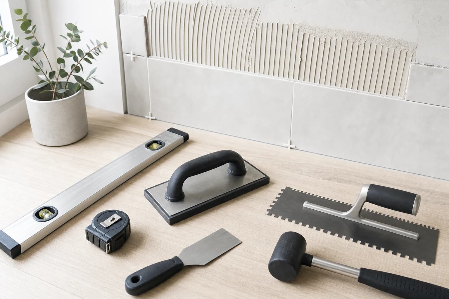 Remodeling tools on a white-oak surface beside half-tiled wall in a Sacramento remodel project