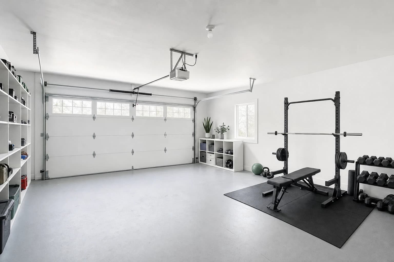 Clean two-car garage with shelving and a small home gym, a Sacramento garage conversion idea