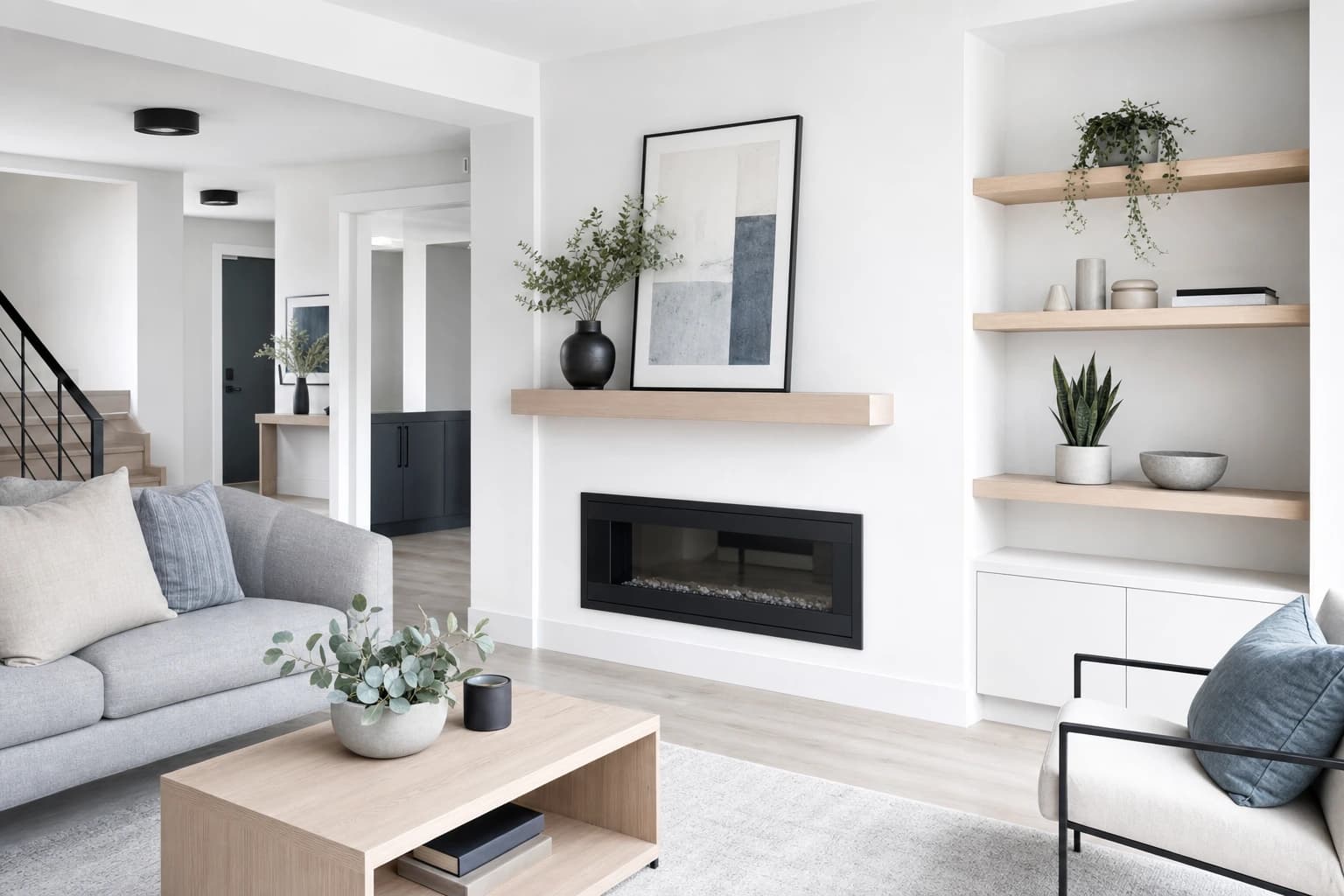Refreshed living space with white paint and oak shelving boosting a Sacramento home's value