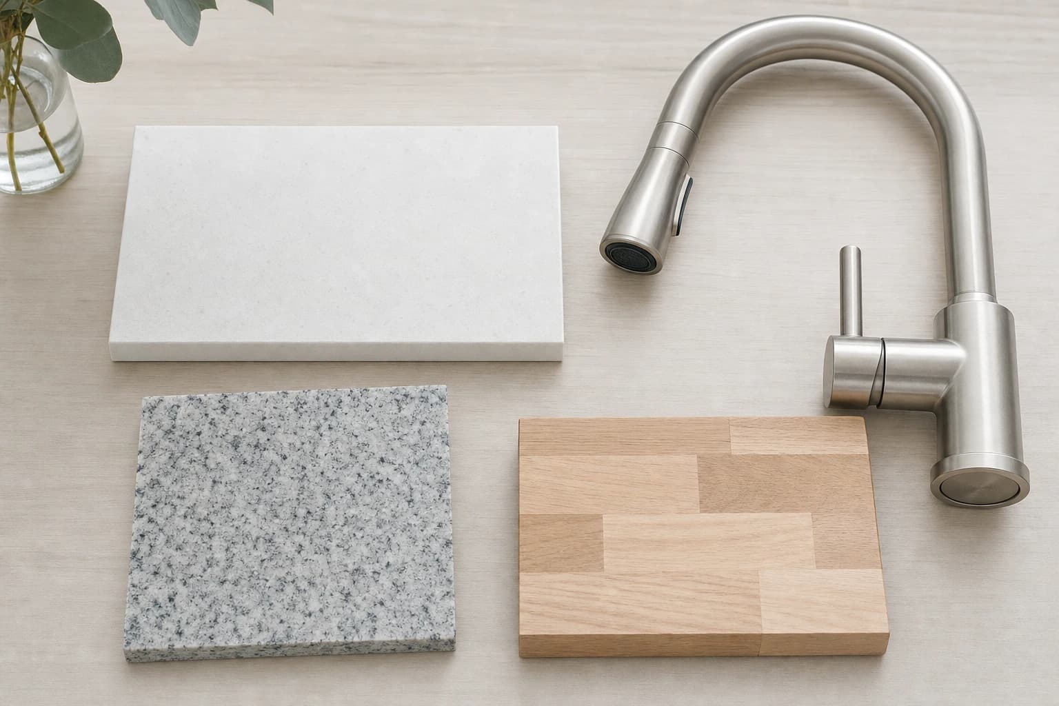 Quartz, granite, and butcher-block countertop samples for a Sacramento kitchen remodel