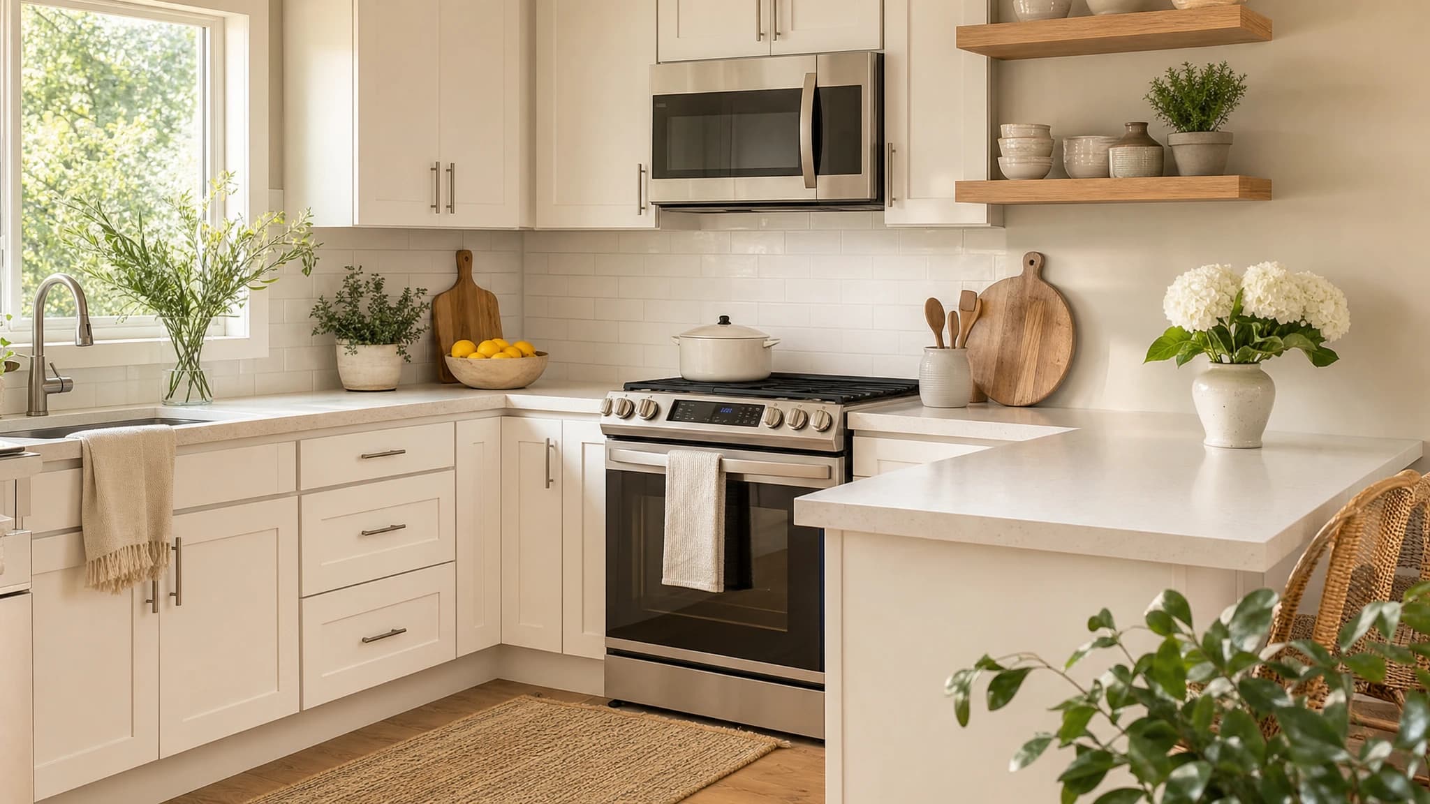 White shaker cabinets, quartz and subway tile with a stainless range in a Rancho Cordova kitchen remodel