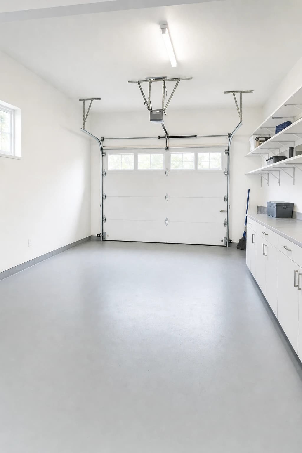 Clean two-car garage with white sectional door and shelving in a Sacramento garage remodel